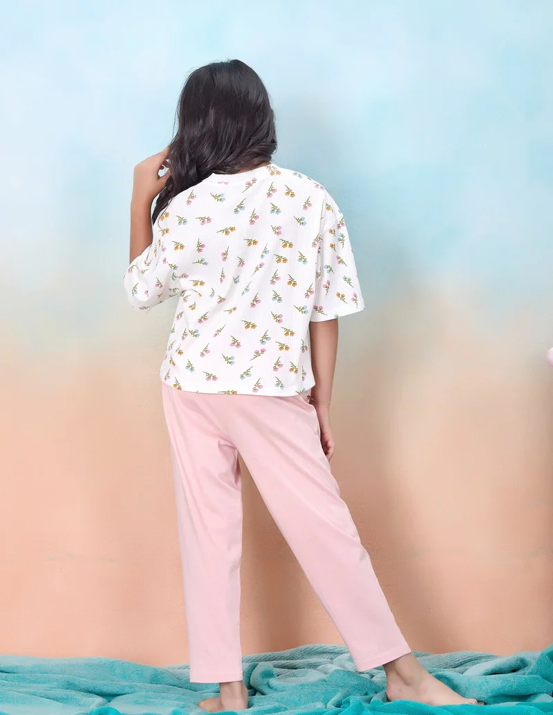 Artemea  Floral printed Girls Premium Boxy T shirt and Peach Pajama  set (2pc set -Top & Bottom) for Women | Best Price UAE
